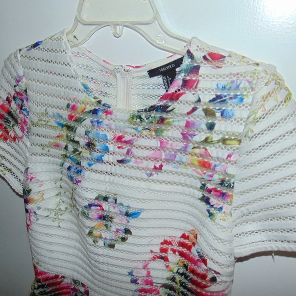 Forever 21 Multicolor Floral White Mini Full Dress With Mesh Striped Large Women - Picture 2 of 10